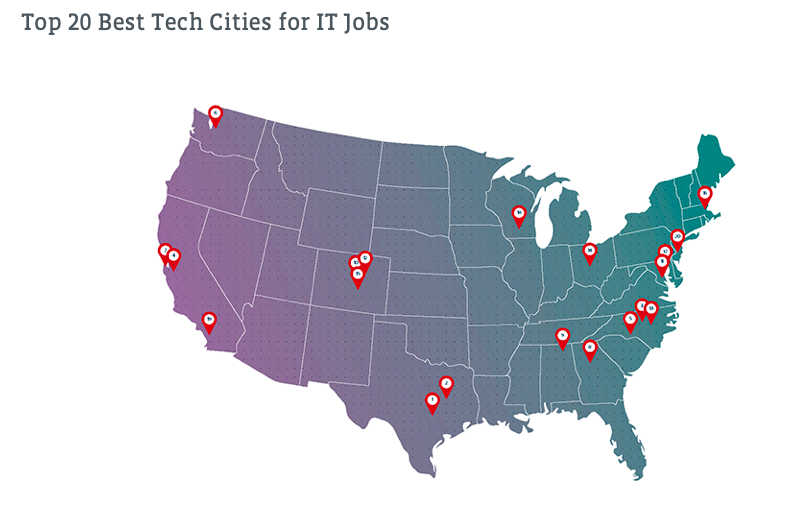 Map featuring pins of cities ranked highly for tech.